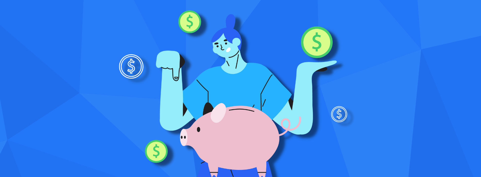 Grafische Illustration, die eine Person zeigt, die Geld auf einem Sparschwein balanciert.