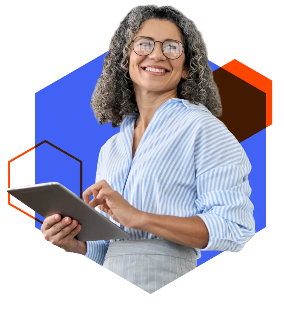 Hero image of a business woman carrying a tablet